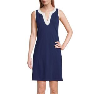 Lands' End Dress Cotton Jersey Sleeveless Swim Cover-Up Navy Blue White Size L